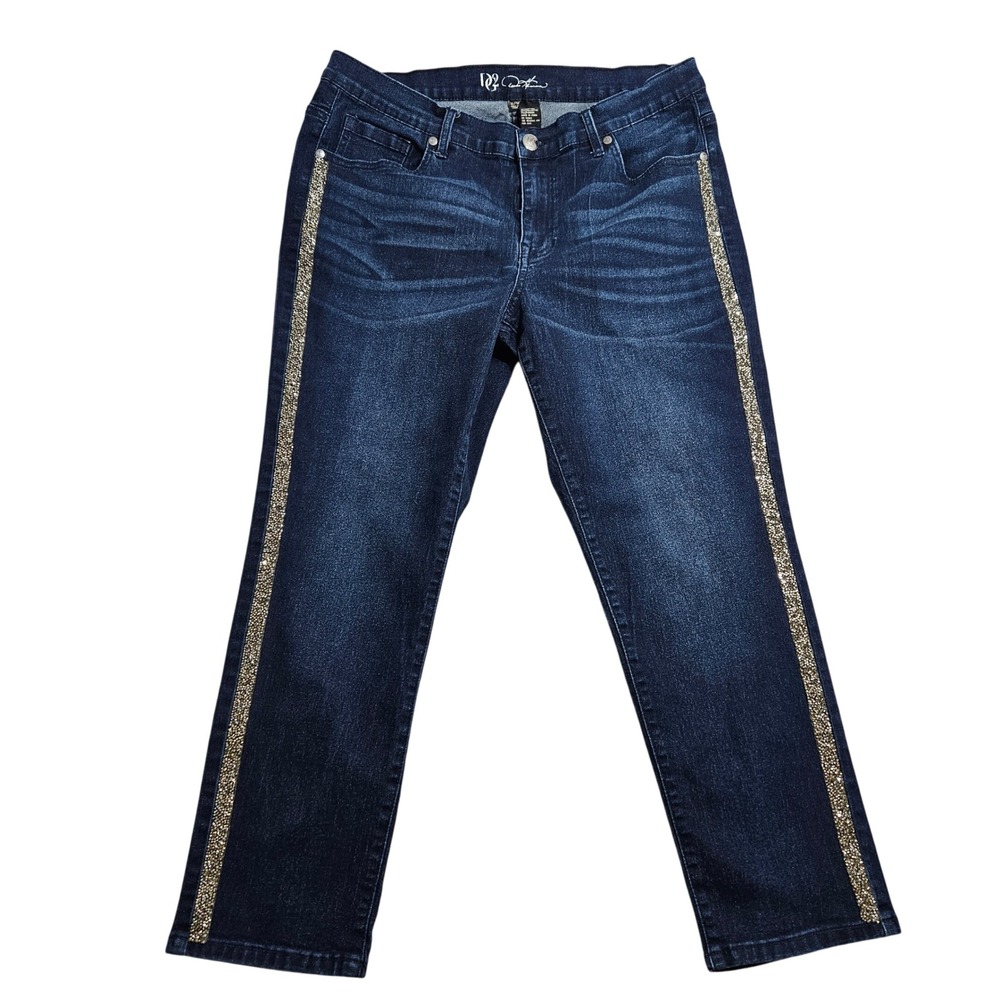 DG2 by Diane Gilman Jeans Women 16PW Blue Rhinestone Side Stripe Straight Leg